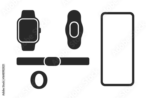 Smart wearable devices arranged on a minimalist surface showing a smartwatch, fitness tracker, and smartphone at midday