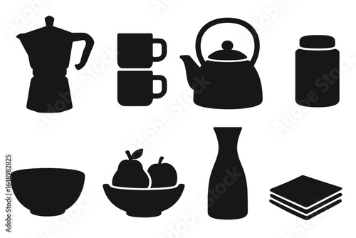 Silhouettes of kitchen items including coffee maker, cups, kettle, and fruit bowl arranged for a morning meal preparation