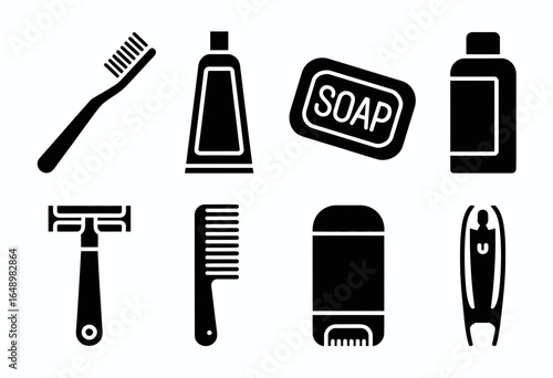 Collection of bathroom hygiene and grooming items silhouette isolated on white background