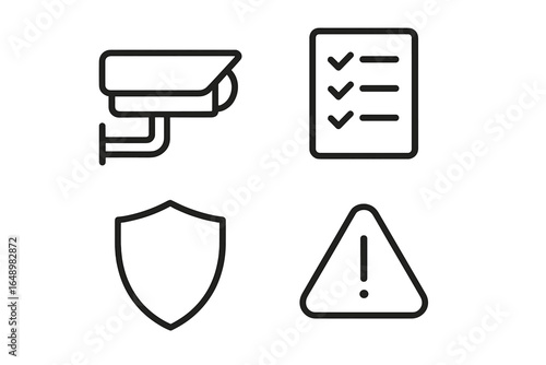 Security monitoring icons representing safety, checklist, warning, and protection in a simple design