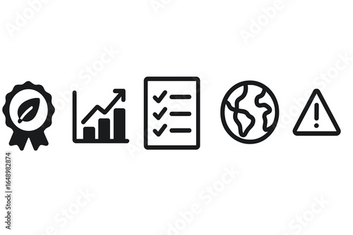 Icons representing sustainability, growth, planning, global awareness, and risk assessment in a business context