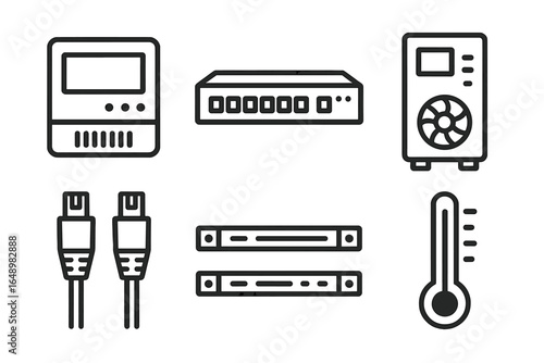 Various electronic devices including connectors, switches, and a thermostat displayed on a simple background for educational purposes