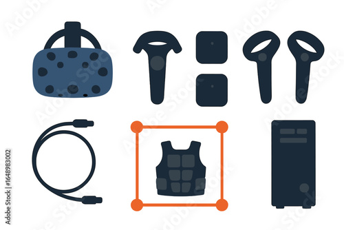 Virtual reality equipment set including headset, controllers, and accessories for immersive experiences