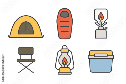 Camping gear setup featuring a tent, sleeping bag, stove, and accessories for outdoor adventure in the wilderness
