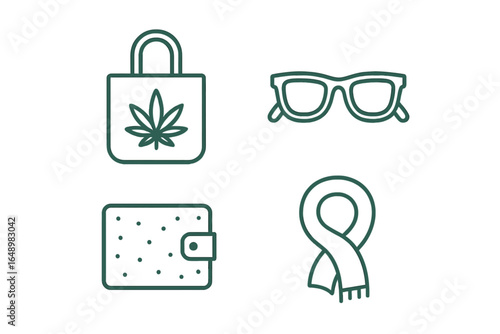 Accessories featuring cannabis leaf design, sunglasses, wallet, and scarf in a minimalist style