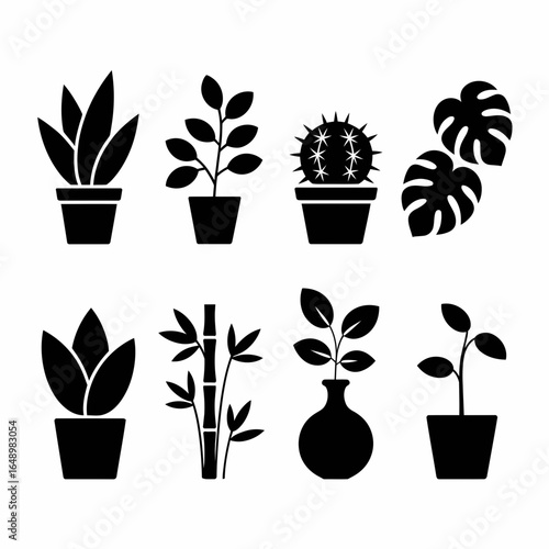 Collection of houseplant silhouettes in pots and vases isolated on white background