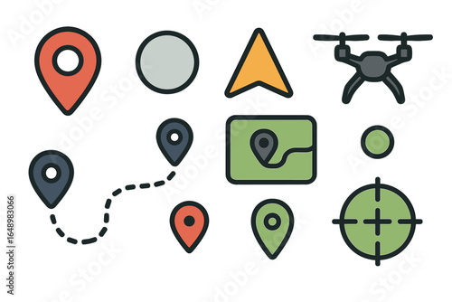 Digital mapping icons showcasing navigation tools, markers, and drone imagery for modern explorers and adventurers