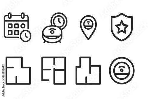 Various household icons showing scheduling, cleaning, monitoring, and protection features for smart home devices