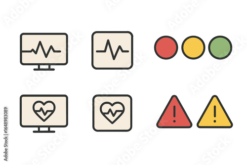 Health monitoring symbols showcasing vital signs and alert indicators for medical use in a clinical setting