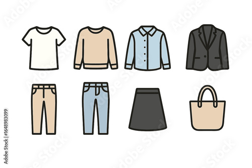 Outfit collection featuring casual and formal clothing styles suitable for various occasions and seasons