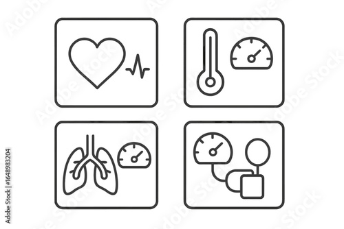 Health monitoring icons illustrating heart rate, temperature, blood pressure, and lung function measurements for wellness tracking