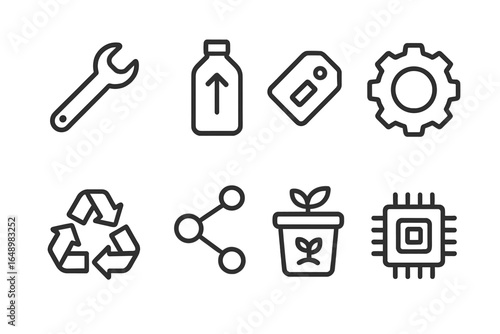 Icons representing sustainability, technology, and recycling concepts in a modern design