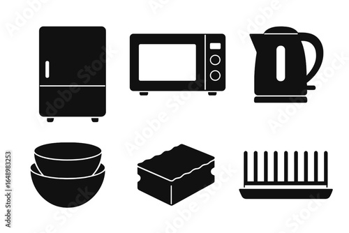 Kitchen appliances and utensils arranged in a minimalist style showcasing essential cooking tools