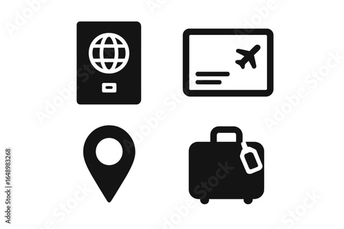 Travel essentials for planning a journey including passport, boarding pass, location pin, and suitcase