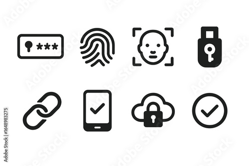 Collection of security icons representing various methods of authentication and data protection technology