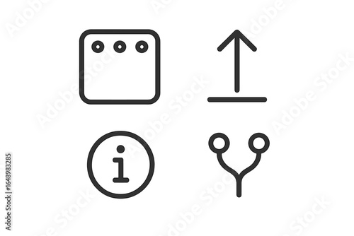 Icons representing various functions for user interface design including upload and information features