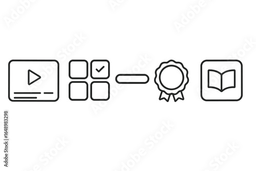 Educational platform features interactive learning elements with visual symbols representing video, quizzes, and certifications