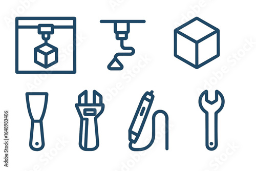 Tools and equipment for 3D printing and design presented in a clean layout with simple icons