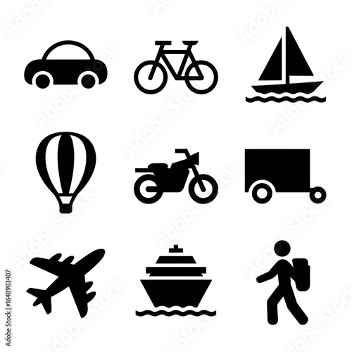 Collection of transportation silhouettes including car bicycle sailboat hot air balloon motorcycle trailer airplane cruise ship and pedestrian isolated on white background silhouette