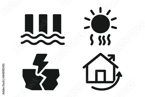 Icons illustrating environmental issues related to water, solar energy, recycling, and home sustainability practices