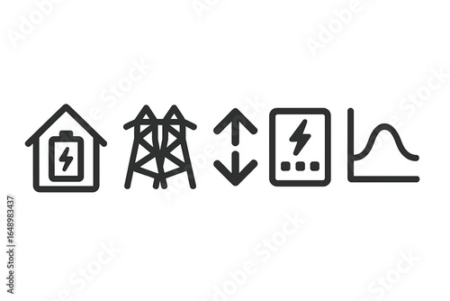Energy management symbols illustrating battery storage, transmission towers, and power fluctuations in a modern context