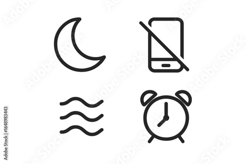 Nighttime relaxation symbols representing peace, disconnecting from devices, calm water, and alarm clocks for better sleep
