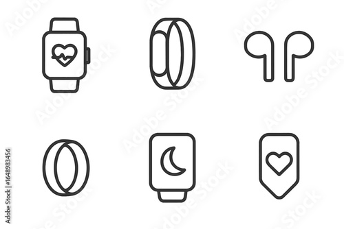 Smart wearable devices including a fitness watch, health band, and wireless earbuds displayed on a minimalist background
