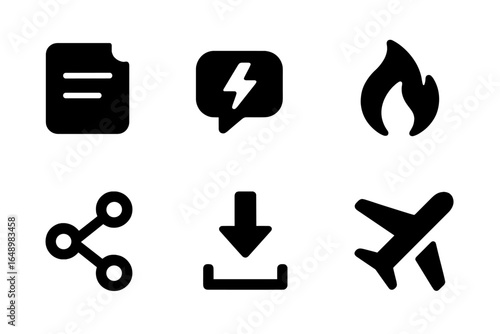Collection of modern digital icons representing communication, file sharing, and travel activities in a minimalistic style