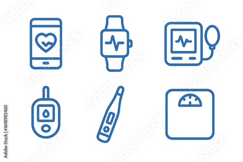 Health monitoring devices including smartphone, smartwatch, digital thermometer, and blood glucose meter display technology for wellness tracking