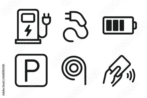 Electric charging station symbols for modern vehicles at a clean energy facility in a city during daylight hours