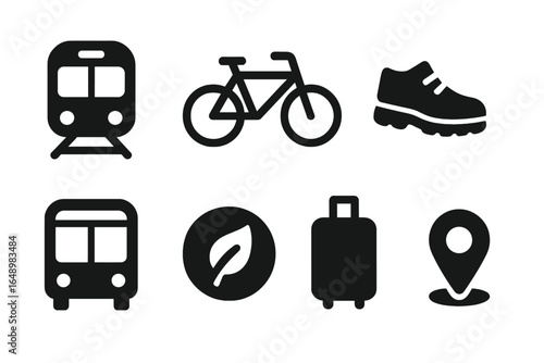 Various modes of transportation illustrated in simplified black icons for easy understanding