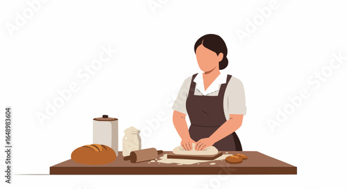 Woman kneading dough for homemade bread on a wooden table with an isolated white background.