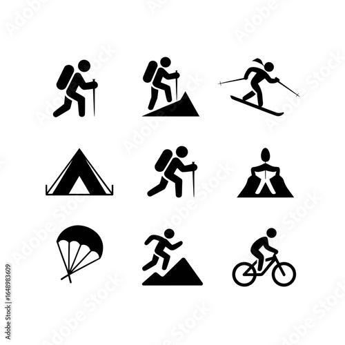 Collection of outdoor adventure sport silhouettes isolated on white background