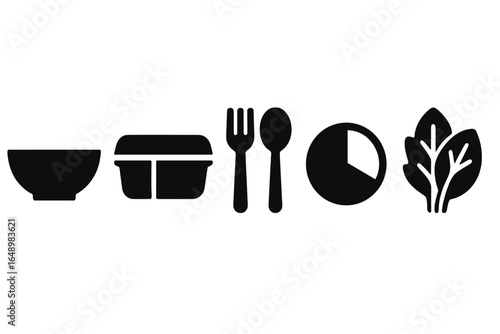 Various utensils and food items represented in simple silhouettes, showcasing dining essentials and a healthy lifestyle