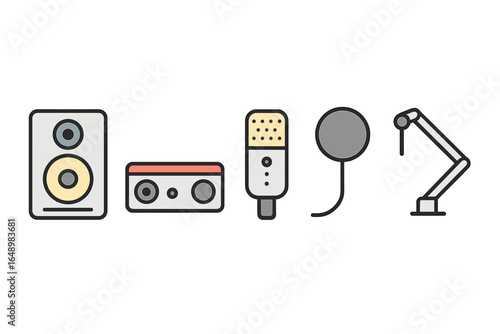 Sound recording equipment displayed in an audio production studio setting with various tools and instruments arranged neatly