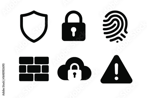 Diverse icons representing online security concepts including protection, access control, and data safety