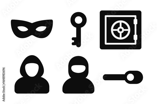 Masked figures and key symbols represent heist themes in a graphic design focused on mystery and intrigue