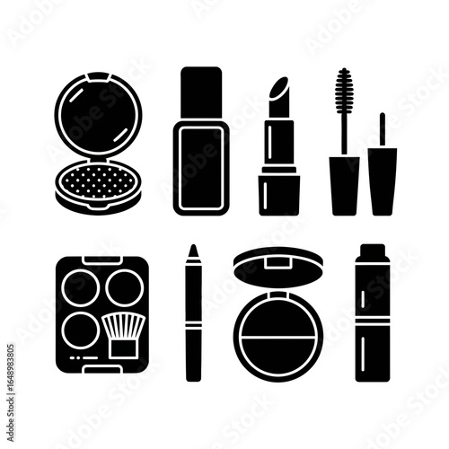 Collection of makeup products silhouette icons isolated on white background