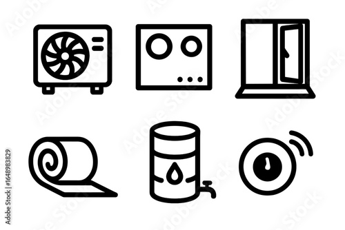 Illustration of home appliances and components related to air conditioning and maintenance