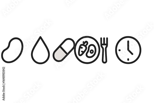 Nutritional elements symbolizing diet, health, and meal planning with time management in focus
