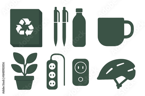 Creative sustainable living icons representing eco-friendly practices and daily life items