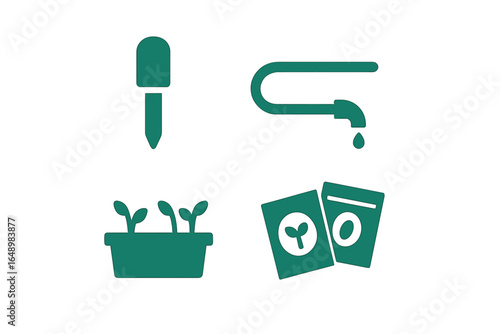 Gardening tools and supplies for planting seeds and nurturing young plants in a home garden setting