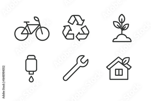 Elements of sustainability featuring a bicycle, recycling symbol, plant growth, water conservation, tools, and eco-friendly housing