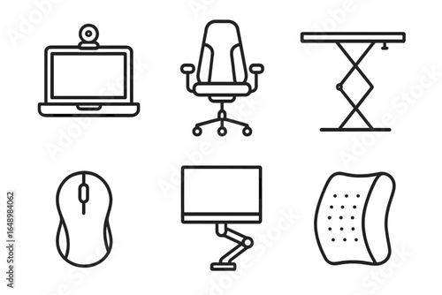 Modern workspace essentials include a laptop, ergonomic chair, desk, mouse, monitor, and cushion for comfort