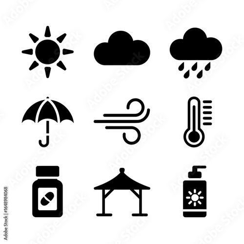 Collection of weather and outdoor activity icons in silhouette isolated on white background