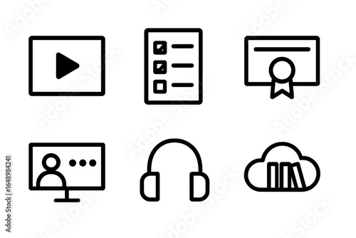 Icons showcasing multimedia and educational elements for online learning and engagement, highlighting various tools and resources