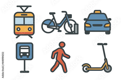 Different modes of urban transportation featuring tram, bicycle, taxi, bus, pedestrian, and electric scooter in a modern city