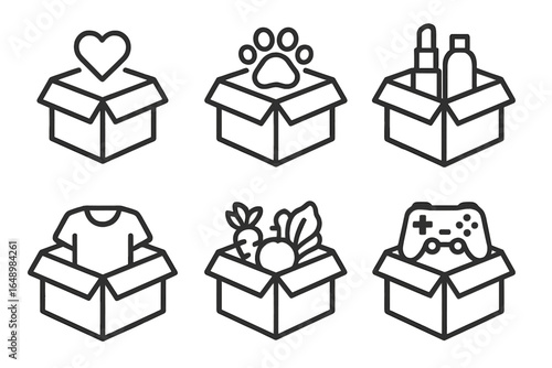 Variety of box icons representing different themes such as love, pets, beauty, clothing, food, and gaming