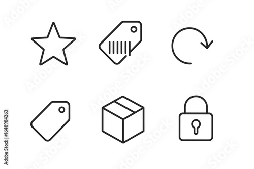 Collection of minimalist icons representing various concepts including favorites, tags, packaging, and security measures
