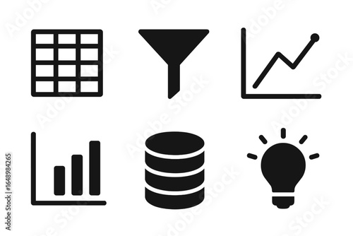 Visual representation of data analysis concepts using graphs, charts, and symbols in a modern design